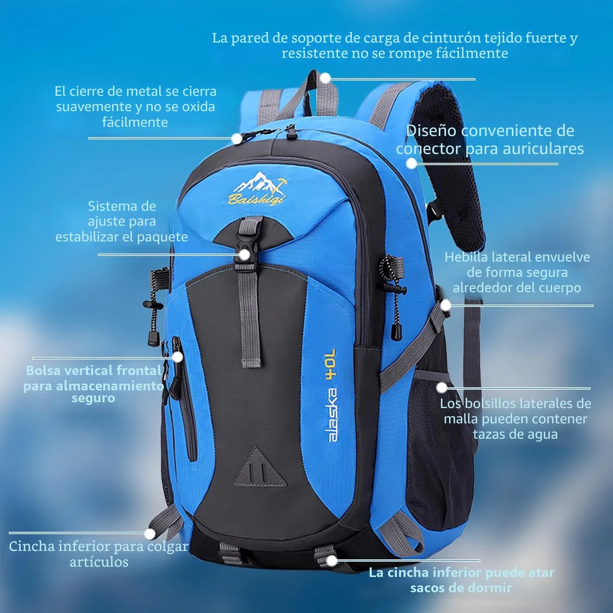 Mochila de senderismo para hombres unisex, mochila de gran capacidad de 40L, mochila de viaje impermeable para camping, senderismo, viajes, deportes al aire libre, escalada, ciclismo (Azul)