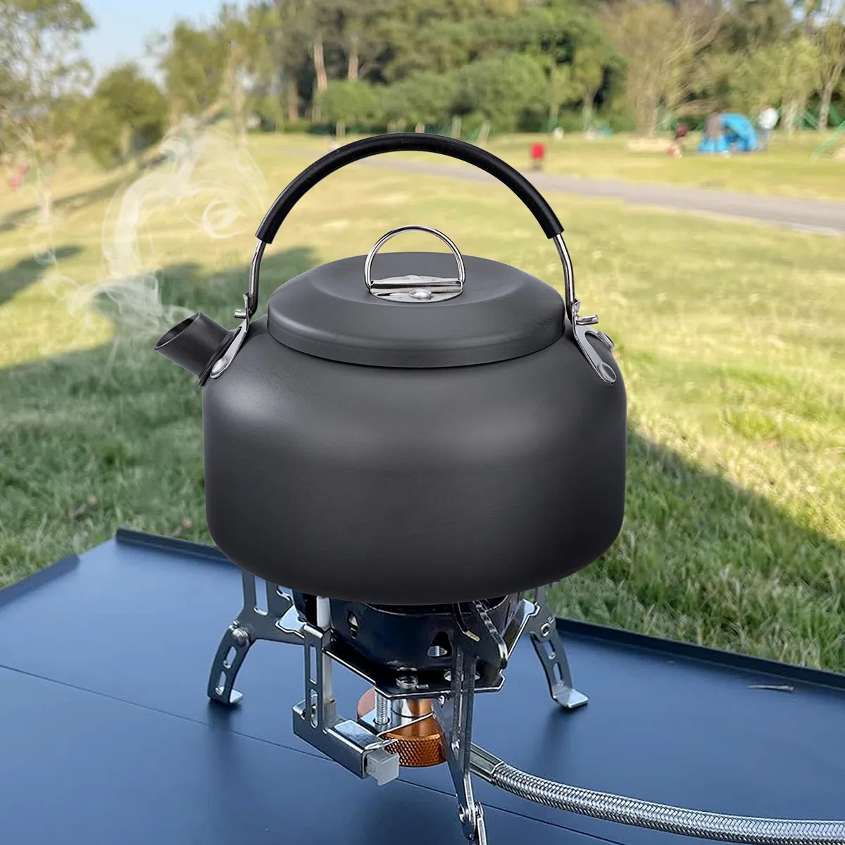 Hervidor de Camping 0.8 L Tetera de Aluminio Ligero Cafetera Portátil Teteras de Calentamiento Rápido con Bolsa de Transporte para Acampar Picnic Senderismo Pesca (Gris)