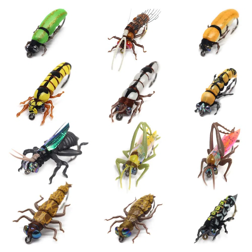 YZD Premium Realistic Flies Terrestrials Selection Cricket Grasshopper Beetle Bumble Wasp Fly Fishing Dry Wet Flies Set