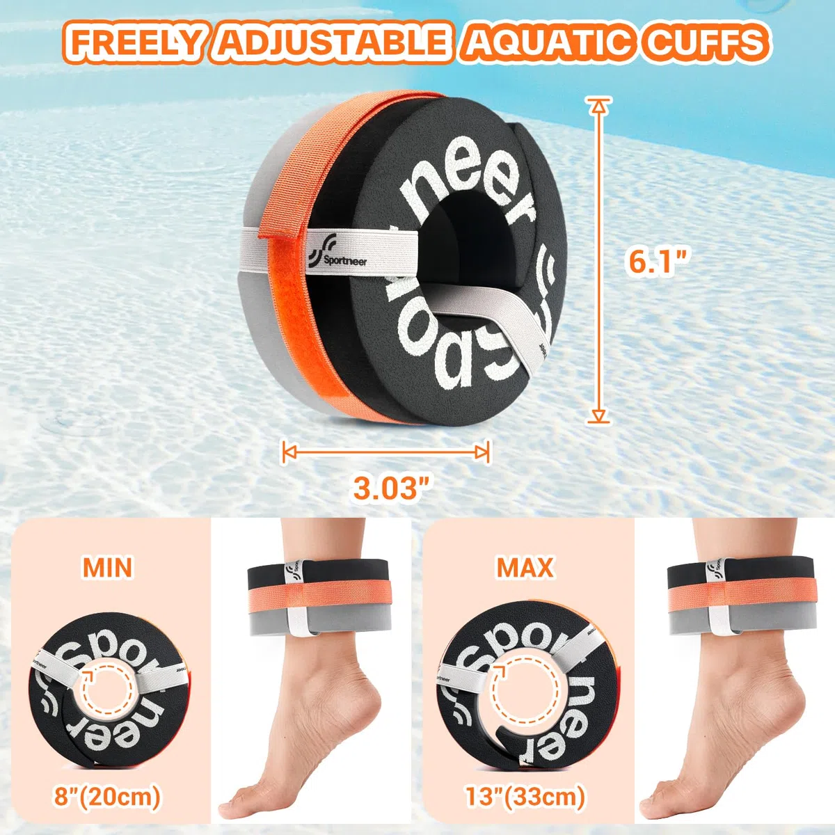 Sportneer - Equipo de puños acuáticos de Espuma: Anillo Flotante para aeróbicos acuáticos para Piscina, Ejercicio, Fitness, Entrenamiento, Pesas, Tobillos, Cinturones de Brazo con Velcro Desmontable