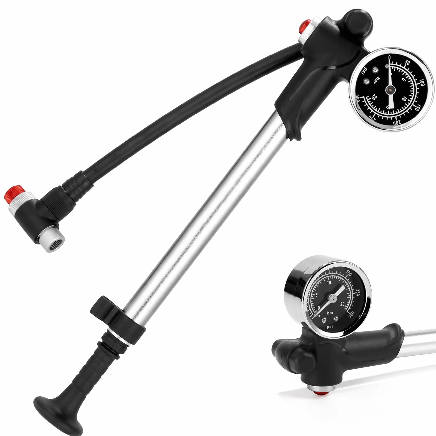 Bomba de Choque de Alta presión(MAX 300 PSI), Bomba de Bicicleta con manómetro y botón de Purga, Horquilla/suspensión Trasera 2 en 1 y Bomba de neumáticos para Bicicleta MTB, Bicicleta de Carretera