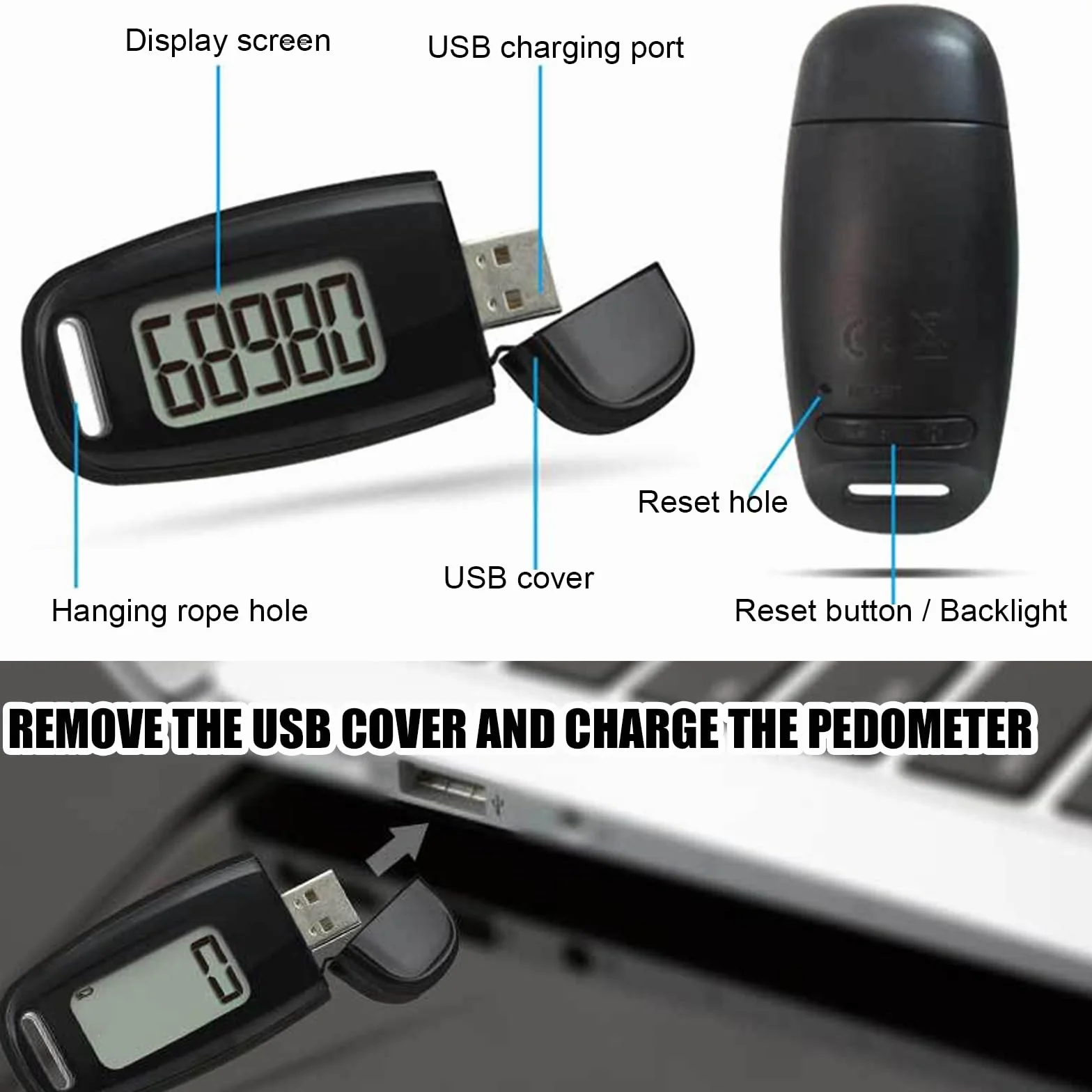 Podómetro 3D con clip y correa, recargable por USB, podómetro para caminar, gran pantalla sin aplicación ni teléfono móvil, podómetro de seguimiento preciso