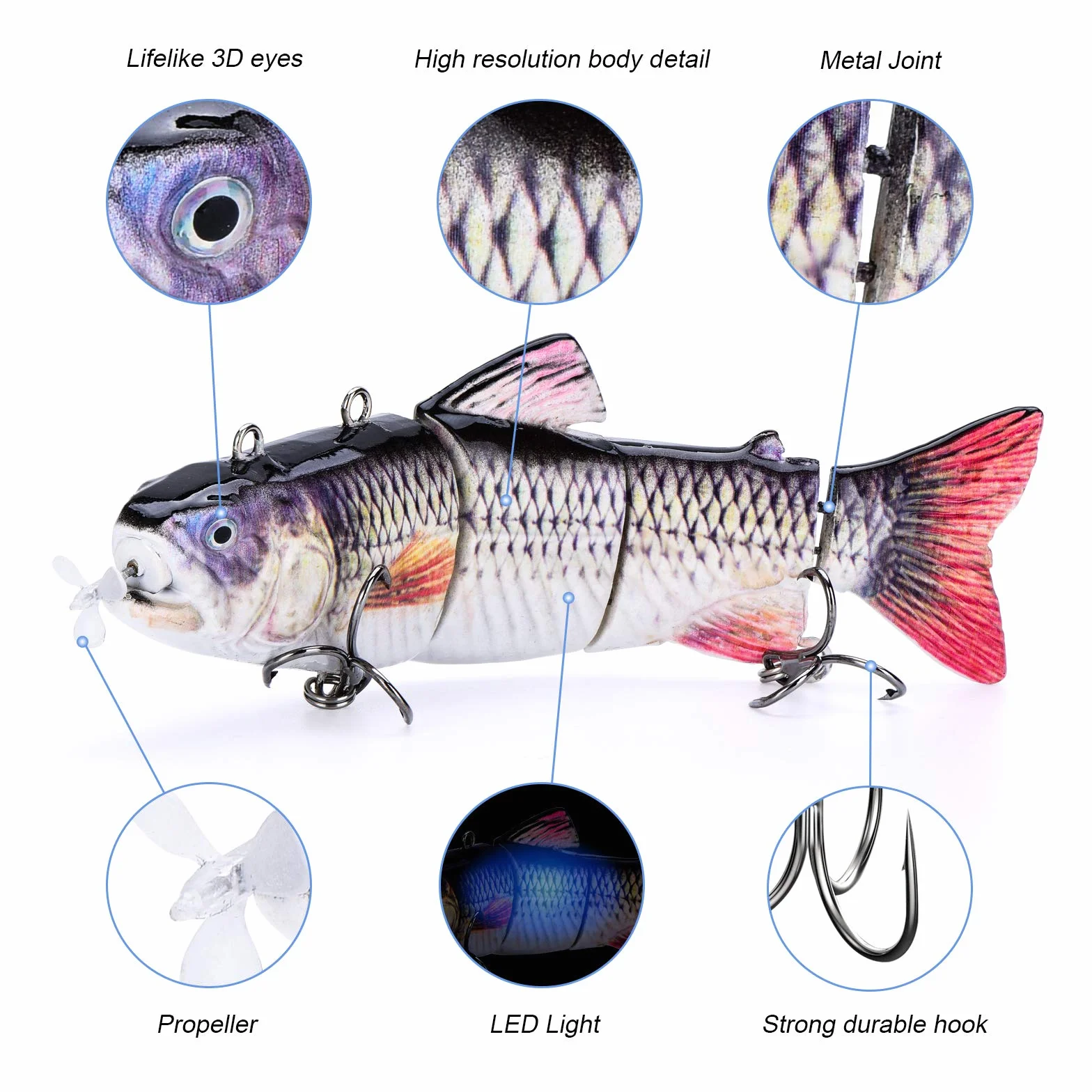 ODS Señuelo Robótico para la Pesca, Señuelo de Pesca Eléctrico Auto-Nadador de 5,12" Señuelo segmentado con Anzuelos Agua Dulce Agua Salada