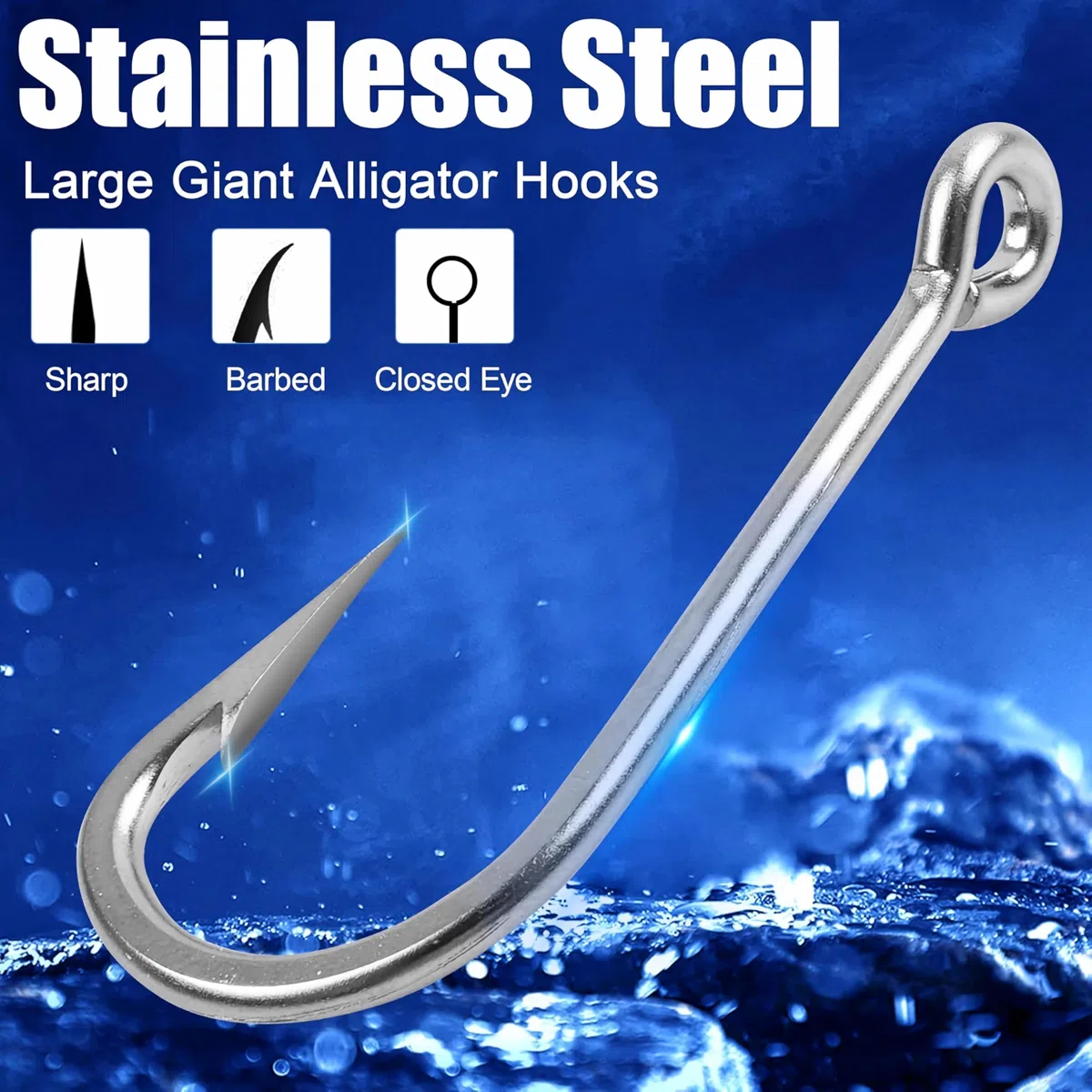 Gancho de pesca de tiburón gigante y cocodrilo de agua salada de acero inoxidable Big Game J anzuelo de pesca extrafuerte y afilado gigante para atún, pez espada, tamaño 5/0-20/0