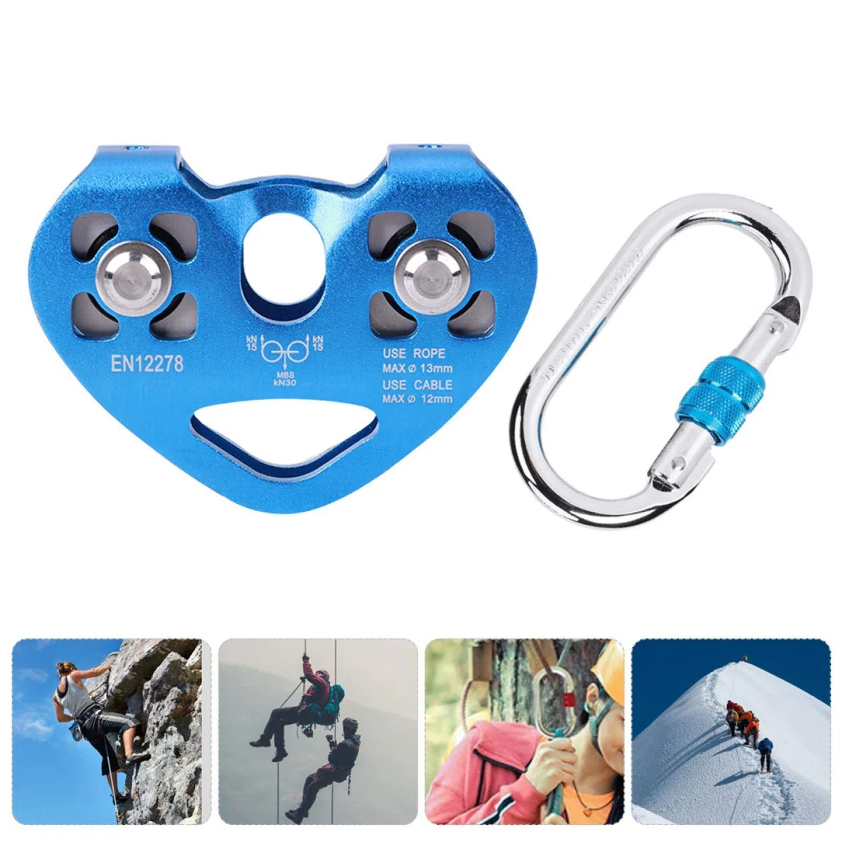 Polea en Forma de corazón de Doble expansión y Doble Eje con mosquetón en Forma de O para Escalada en Roca Espeleología Montañismo Rescate