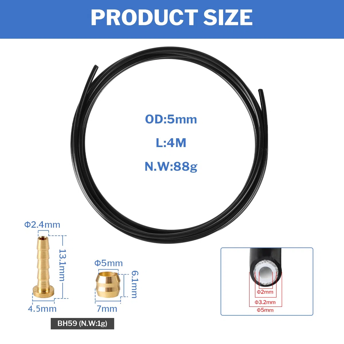 Tubo de freno hidráulico para bicicleta 4 m Frenos de disco, Manguera de freno hidráulica con 10 insertos de conexión de oliva, Accesorios para SRAM/Shimano BH59 MTB Bike Ciclismo (10000 PSI)