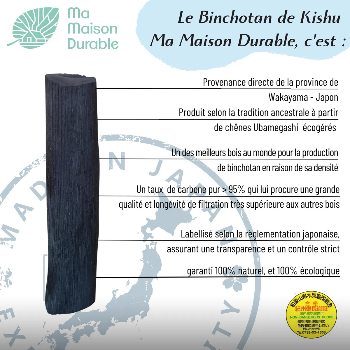 Binchotan Carbón Activo Agua X2 pcs | Filtración 2.5L/Bastón | Filtro Purificador de agua natural | Auténtico Binchotan de Kishu Bio | Carbón de Roble de Wakayama| Ideal para jarra