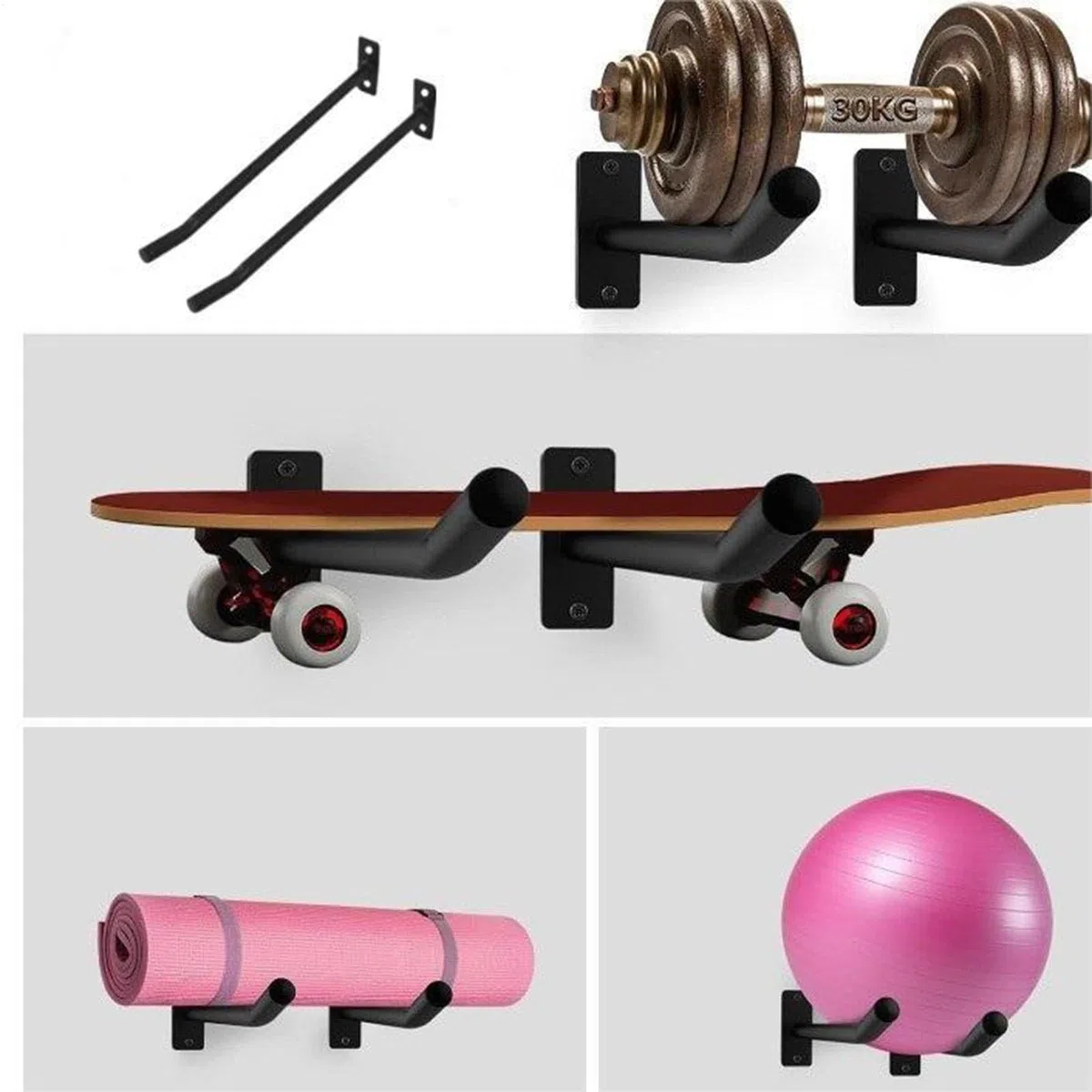 Soporte de pelota de ejercicios, montaje en la pared de la pelota de ejercicios,Juego de 2 soportes de bola de yoga negro - Accesorios para el gimnasio para el hogar de servicio pesado, organizador de