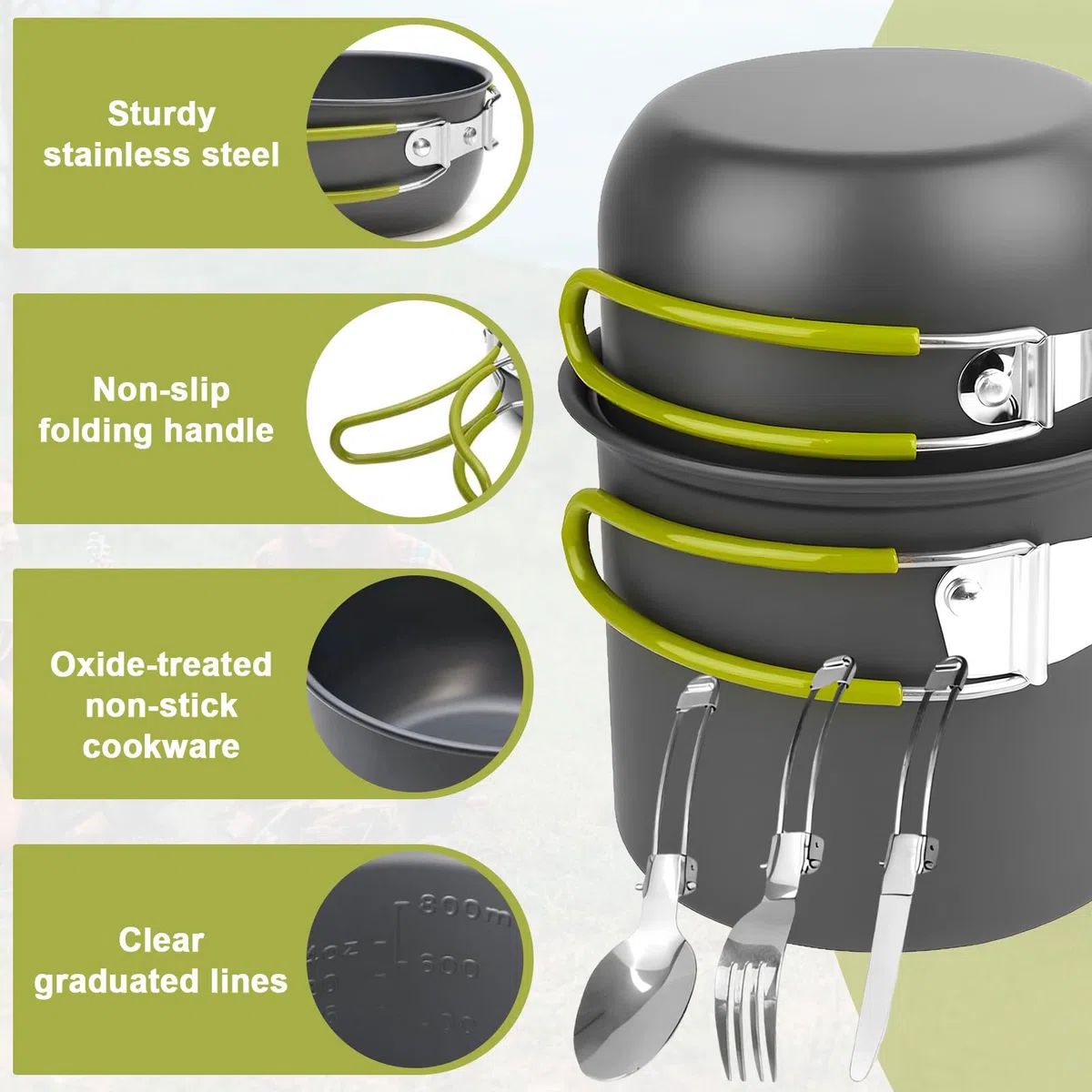Kit Vajilla de Camping con Cubiertos Plegables, Ollas de Aluminio para 1-2 Personas, Utensilios de Cocina Exteriores Portátiles, Sartenes de Acampada para Picnic, Senderismo, Excursión, Escalada