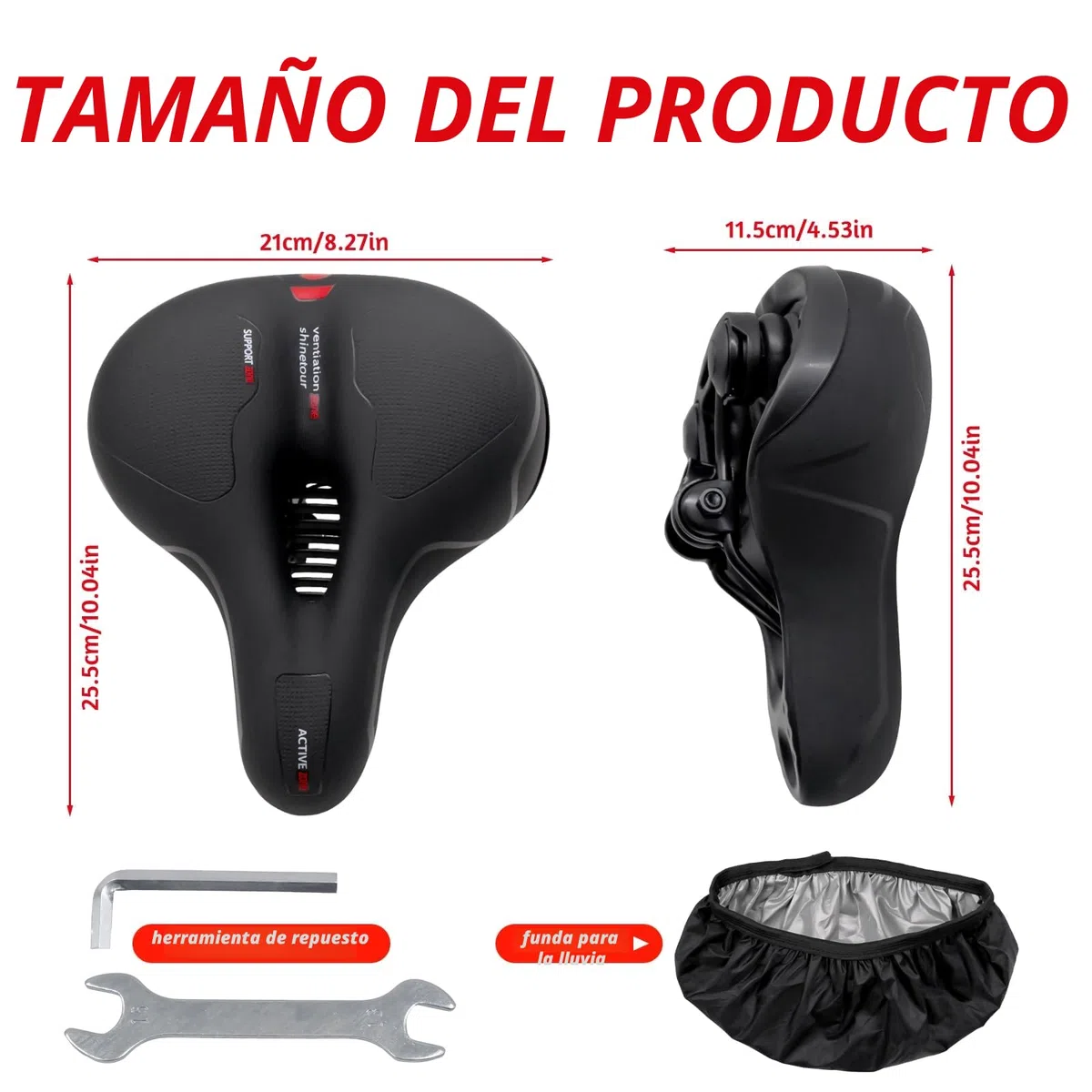 Sillín Bicicleta Muy Cómodo Hombre Mujer, Asiento Ancho con Amortiguador, Cuero Antideslizante en Panal y Canal de Ventilación para MTB, Urbana y Trekking, Negro Rojo