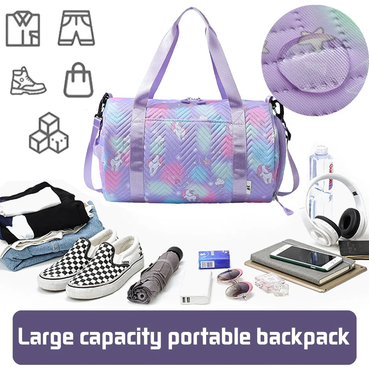 YOUYIKE Bolsa de Viaje Chica, 25 L Bolsa Deporte Niña Unicornio, Grande Travel Bag Fin de Semana, Bolsa de Natación para Playa, Bolsa Deporte con Compartimento Zapatos y Bolsillo Húmedo, Morado