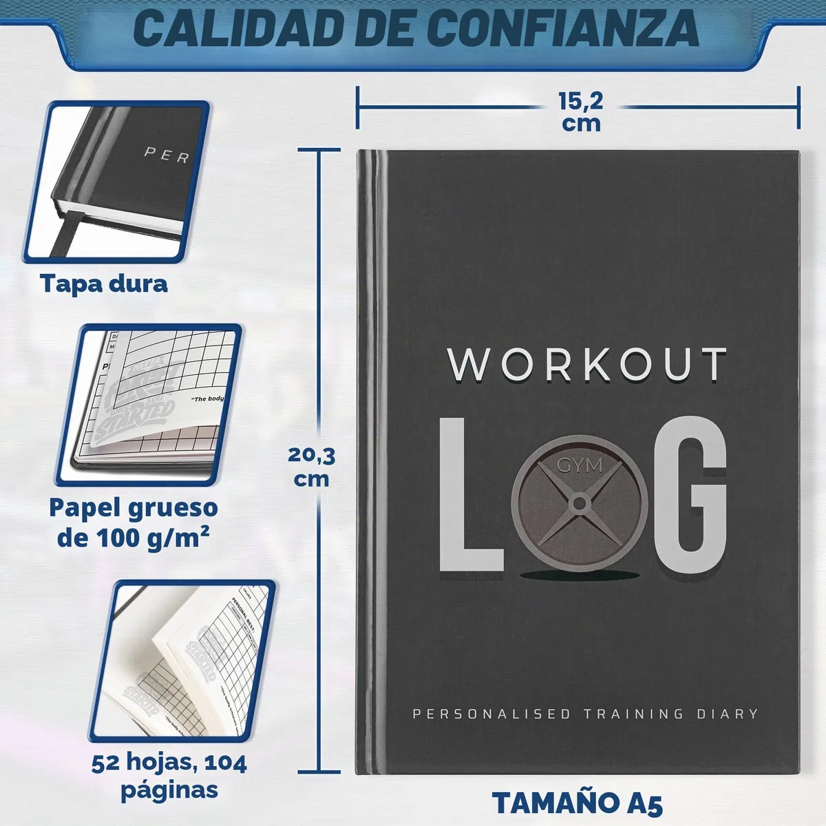 Fitness Logbook - Planificador de entrenamiento - Tamaño A5, Gris antracita - Diario de entrenamiento - Establecimiento de objetivos para culturismo - por Workout Log