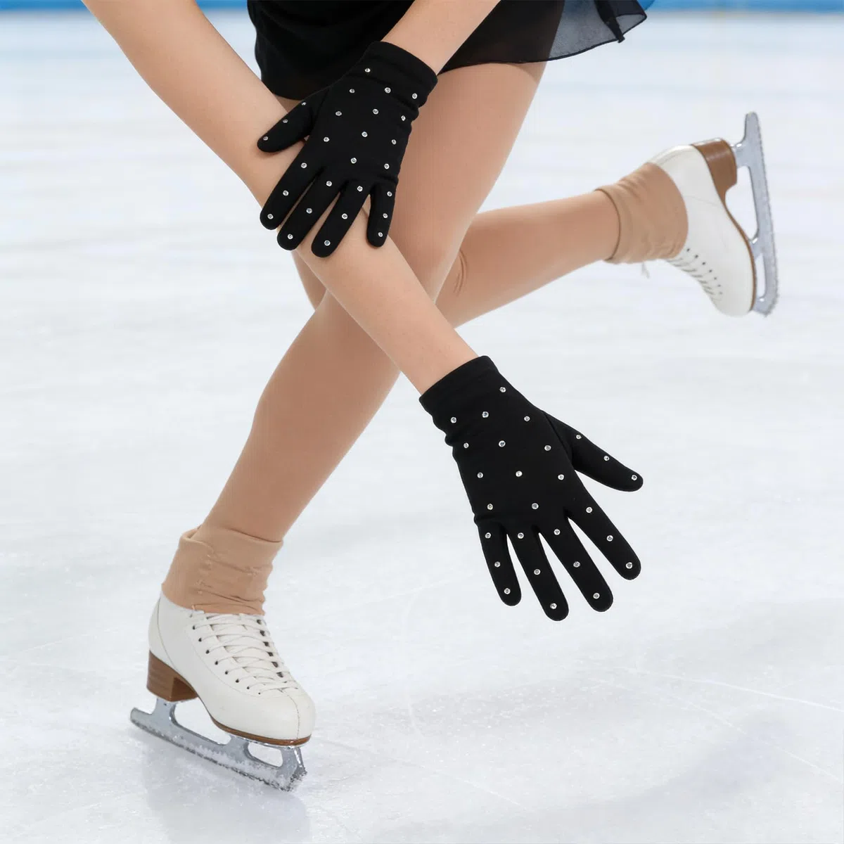 Guantes para Patinaje sobre Hielo para Niñas con Tela Elástica y Soporte Antideslizante, Diseño con Gemas de Imitación Adecuado para Entrenamientos y Espectáculos