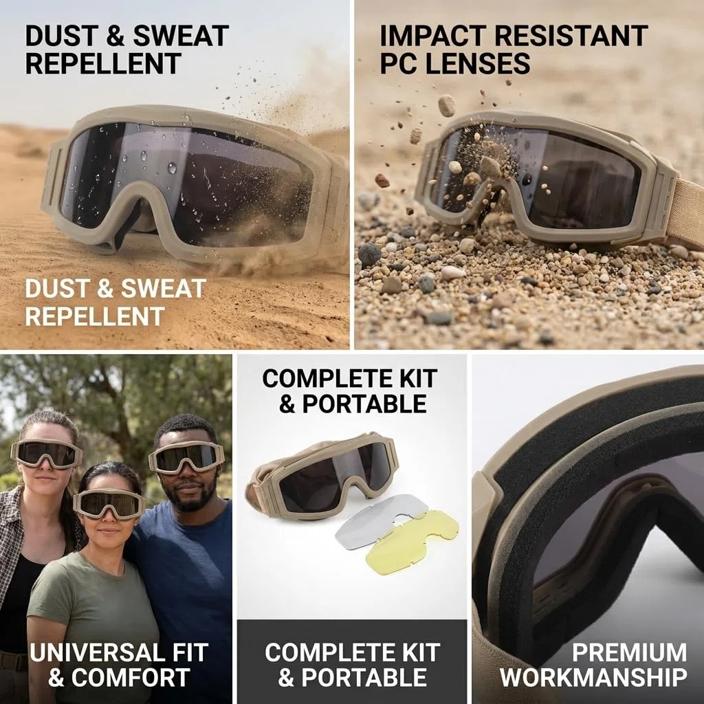 Gafas Airsoft, Gafas Tácticas de Seguridad, Gafas Deportivas para Ciclismo con 2 Lentes y Bolsa de Tela contra el Viento y el Polvo, Resistentes a los Impactos