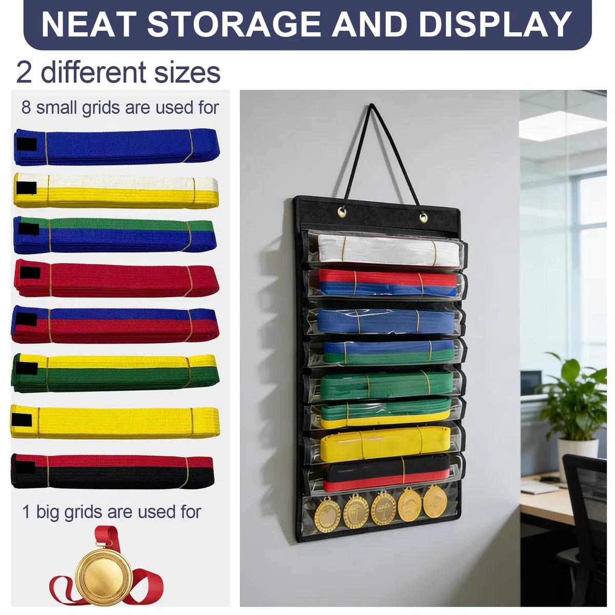 Organizador Cinturones de Taekwondo con 8 Bolsillos,Almacenamiento de Cinturones de Artes Marciales Colgante,Medallero de Boxeo Judo,Portabelt con Capacidad para Hasta 8 Cinturones y 5 Medallas(Negro)