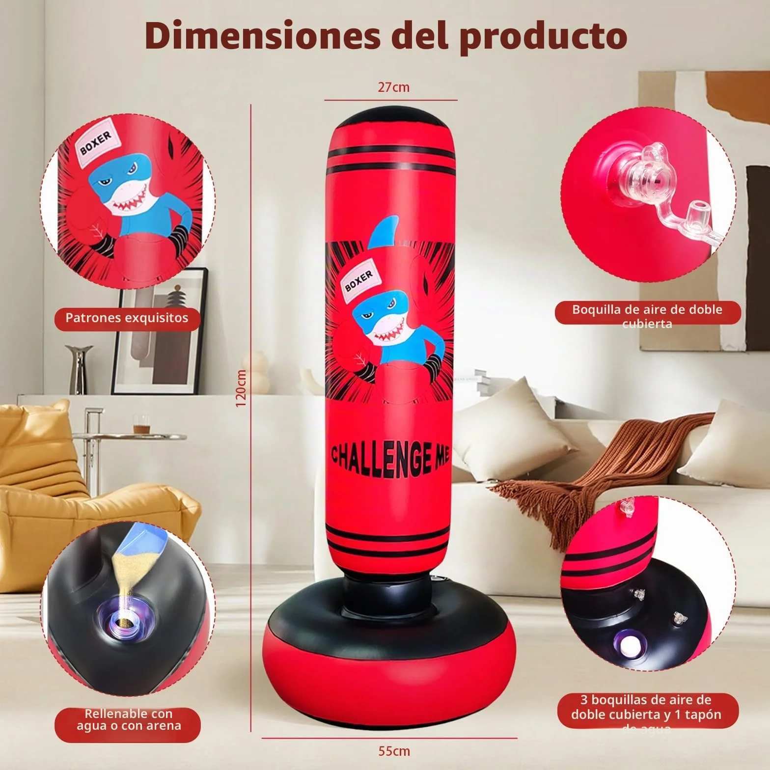 Saco de boxeo inflable, 47.24 pulgadas, saco de boxeo antiestrés, para niños y niñas, saco de boxeo independiente para entrenamiento tailandés, talla S para
