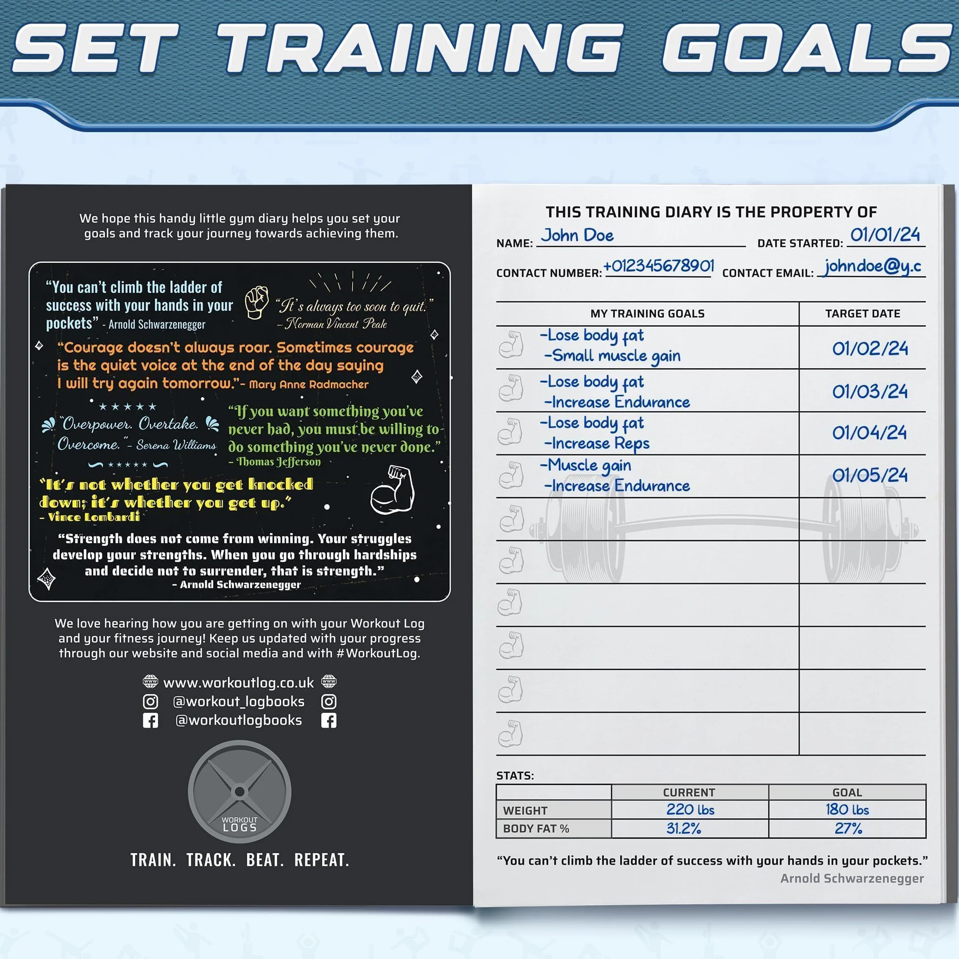 Fitness Logbook - Planificador de entrenamiento - Tamaño A5, Gris antracita - Diario de entrenamiento - Establecimiento de objetivos para culturismo - por Workout Log