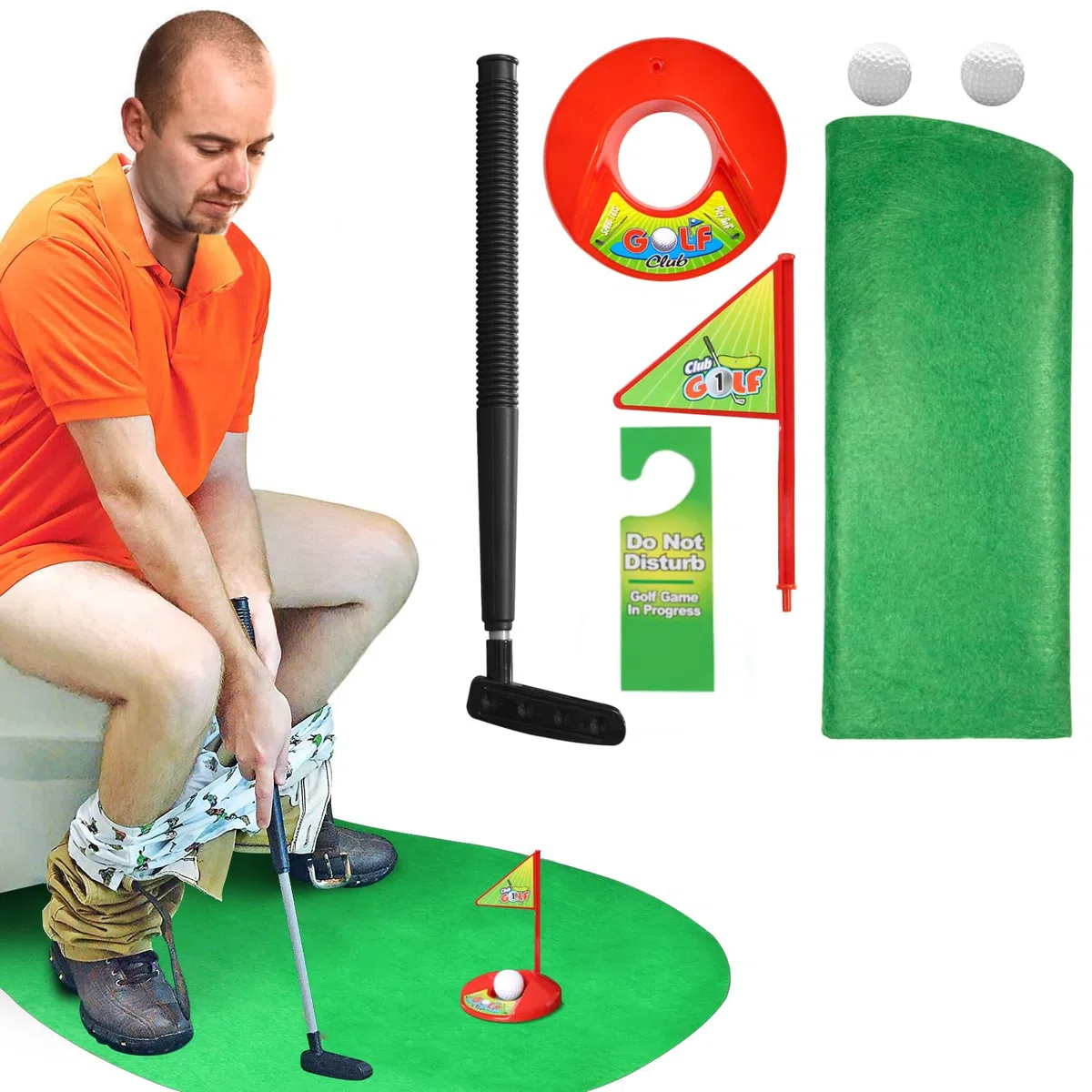 Novelty Place Juego de golf para inodoro, práctica de mini golf en cualquier baño/baño, día del padre, elefante blanco, Navidad, San Valentín, regalos divertidos de broma