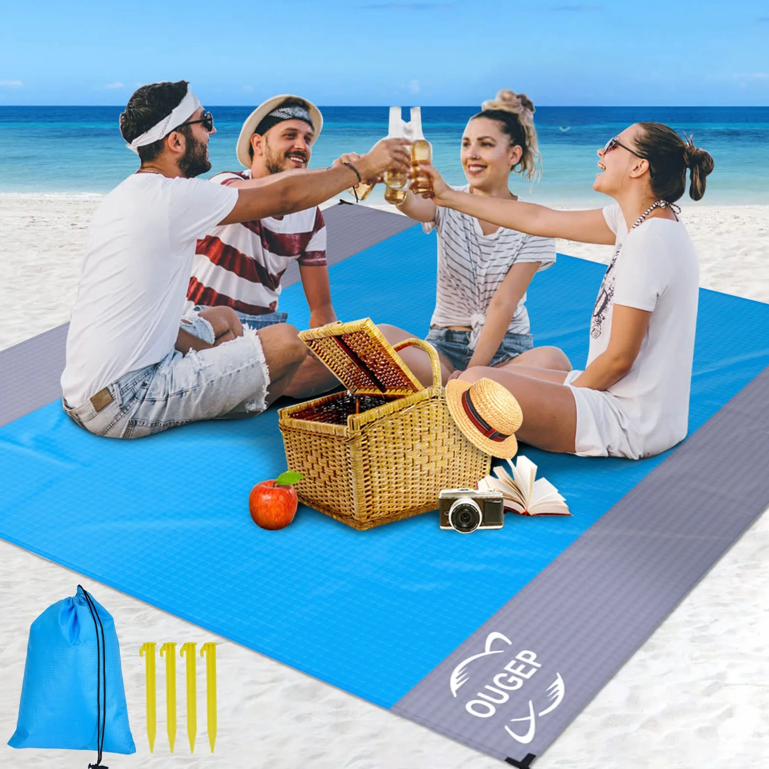 Tapete de Praia, 200 x 230 cm, Alfombra Playa, Manta Grande Anti-areia Manta de Piquenique Impermeável, para Parque, Caminhadas, Viagens ao ar Livre (Azul/Gris)