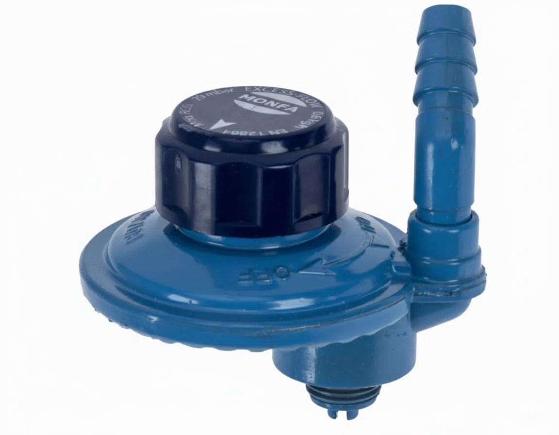 Regulador de camping Gas, para botella azul de Camping Gas Butano de 29 mbar, Conexión M16x1.5, Boquilla 10mm, Caudal 0.6 Kg/h - La boquilla de salida es orientable, se puede girar 360º