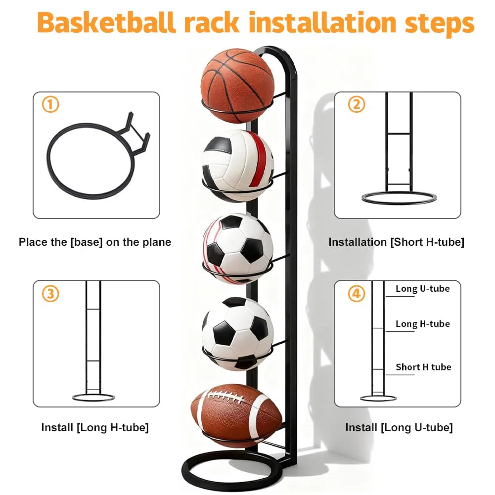FARYODI Soporte de bola vertical de 5 niveles, soporte de bola extraíble, soporte de acero al carbono, soporte multicapa para exhibición de pelotas deportivas, para baloncesto, fútbol, voleibol