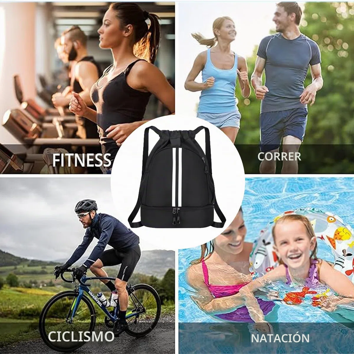 Mochila de Cuerdas Impermeable Ajustable con Cremallera para Deporte - Bolsa Grande de Gimnasio con Compartimento para Zapatos, Natacion, Fitness - para Mujer y Hombre (Negro)