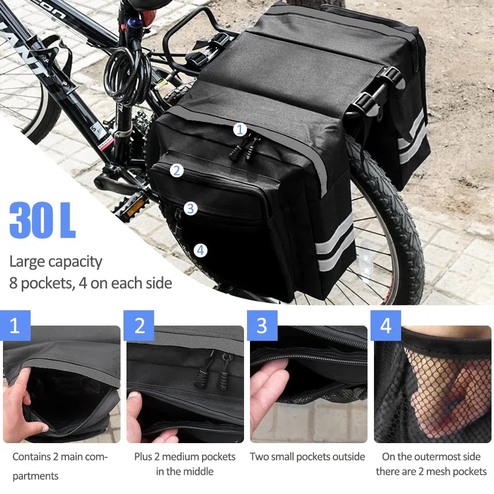 Alforjas Doble Bicicleta 30L Impermeable, Bolsa Trasera Con Tiras Reflectantes para Ciclismo, Viajes, Camping (Negro)
