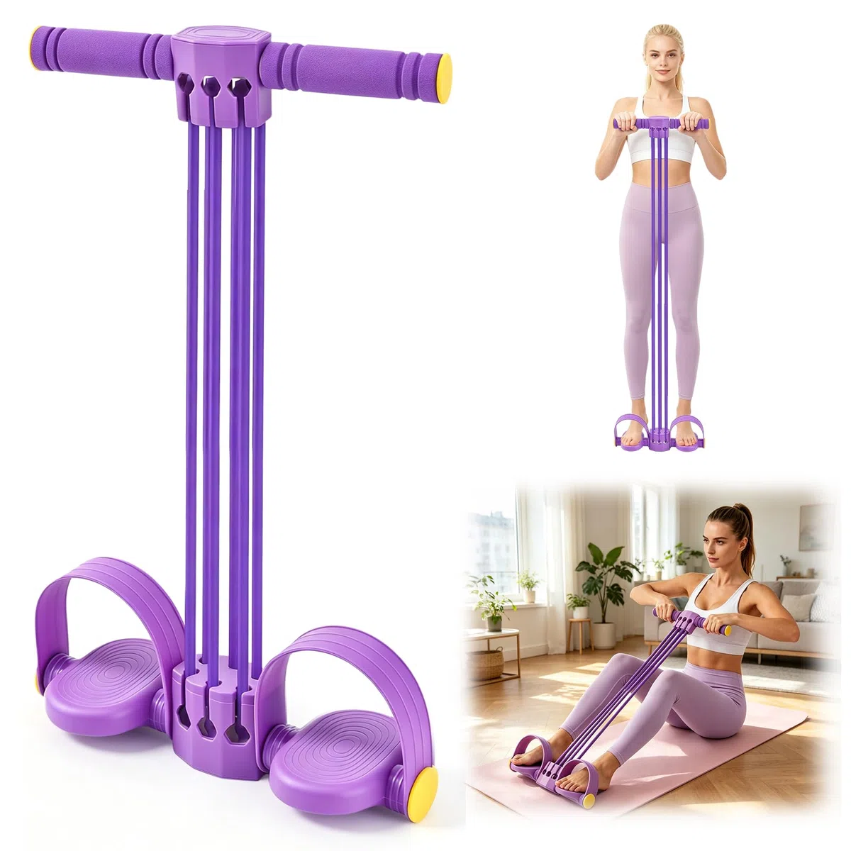 Bandas de Resistencia con Mango, 6 Tubos Ajustables – Elige 1-6 Tubos según tu Fuerza, Entrenamiento en casa, Cuerda elástica multifunción Yoga Fitness – Morada