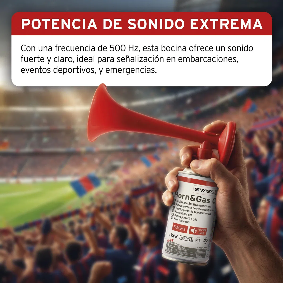 S SUMEX Bocina Portátil Tipo Náutico Gas 500Hz 110DB Muy Potente para Barco Seguridad Eventos Deportivos Celebraciones Incluye Botella de Gas