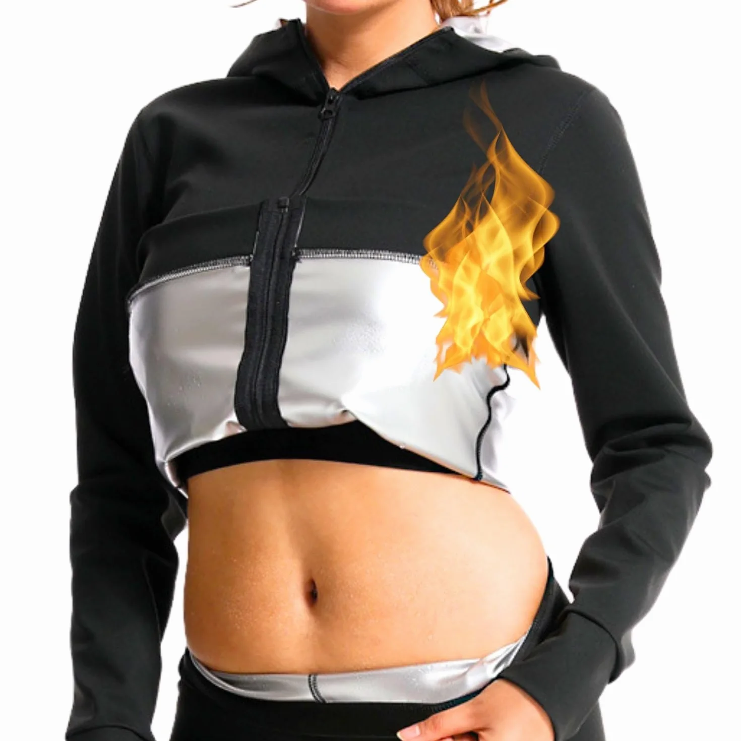 Chaqueta Top Sauna Suit Sudadera Sudar Adelgazante Reductoras Capucha Bolsillos Cremallera Manga Larga Ejercicio Ropa Deportiva Entrenamiento Mujer