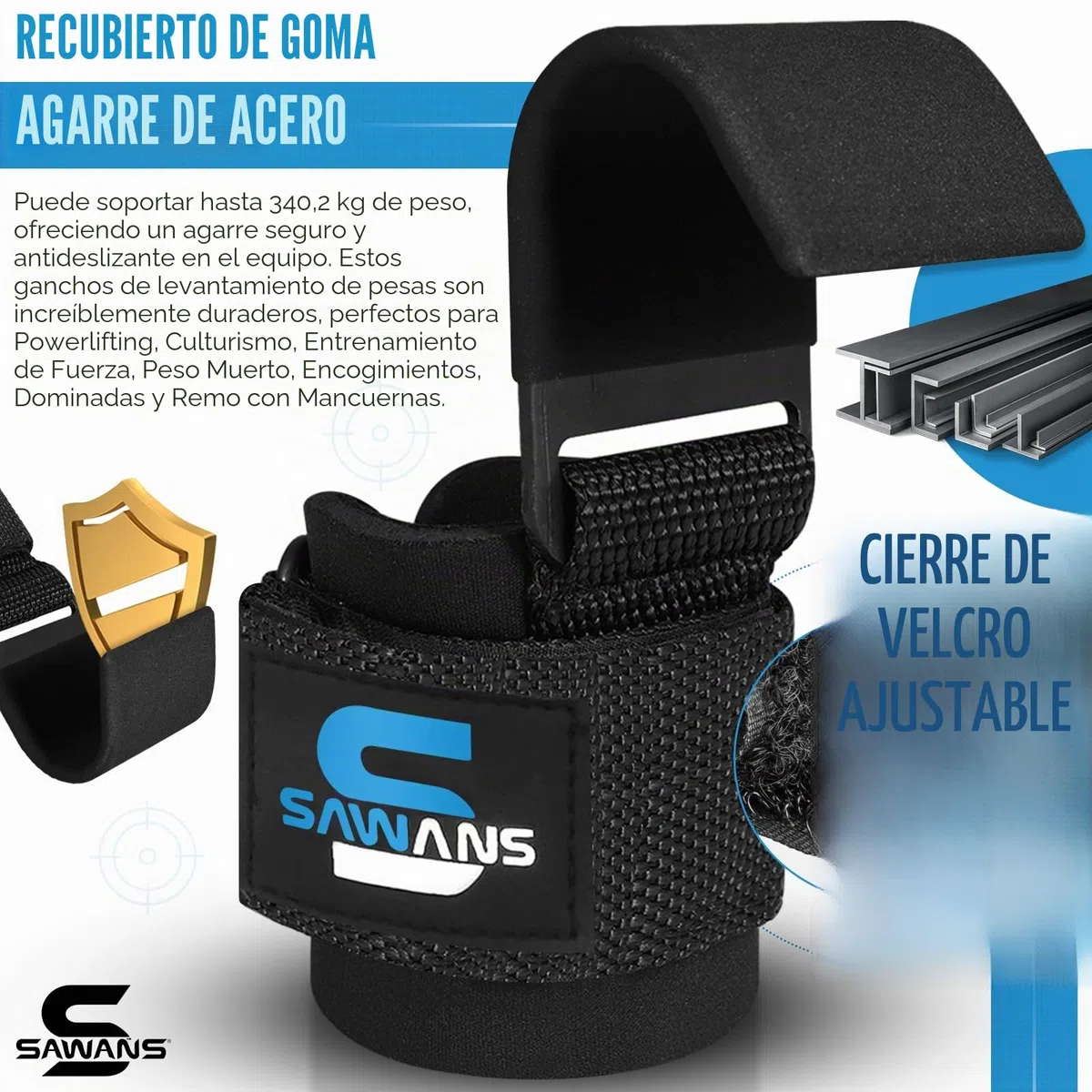 SAWANS Soporte de muñeca Ganchos de levantamiento de pesas Entrenamiento Gimnasio Bar Soporte Guantes acolchado grueso, de neopreno, con revestimiento correas goma Power Wrist Straps (Negro)
