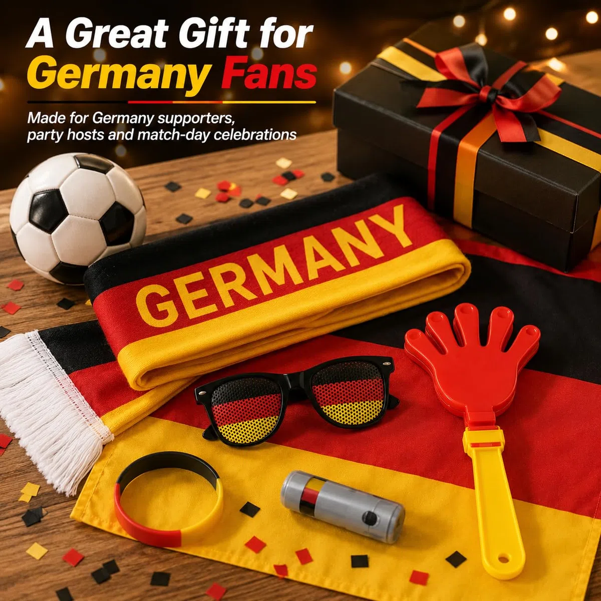 Juego de 6 piezas para fanáticos de Alemania, bufanda, gafas, bandera, chisme, pintura facial y pulsera – regalos típicos alemanes para aficionados al fútbol, accesorio perfecto para estadio, vista