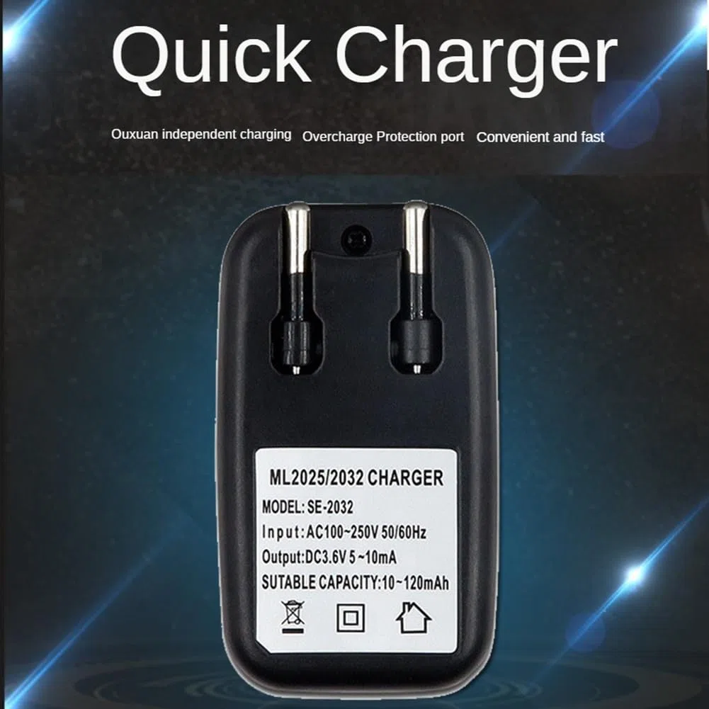 Cargador de Batería de Litio de 3,6 V, Adaptador de Cargador de Batería 2032 2025 para Batería de Botón de Moneda ML2032 ML2025, Enchufe Europeo