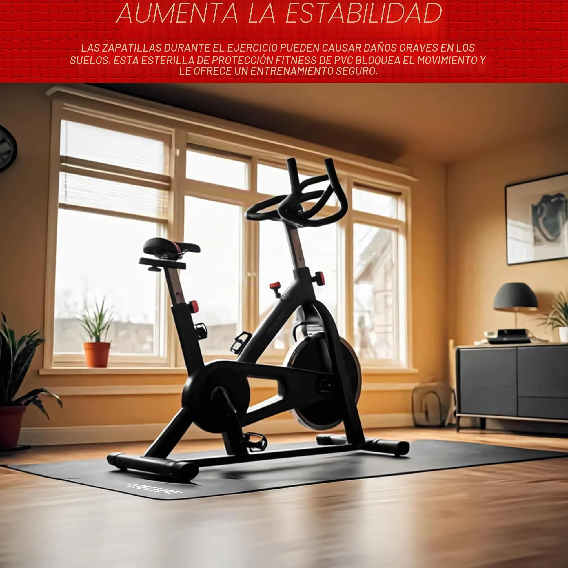 TechFit Esterilla Fitness Antideslizante Gruesa PVC para Bicicleta Estática Spinning Cinta de Correr