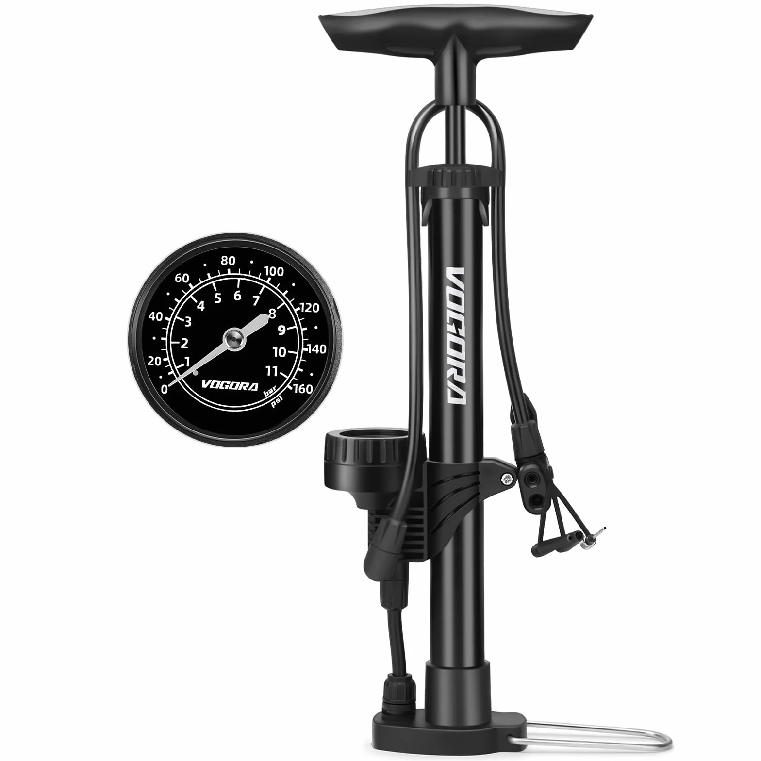 VOGORA Bomba de bicicleta con manómetro, bomba de bicicleta con válvulas Presta y Schrader, bomba de bicicleta para todas las bicicletas, bomba de pie para neumáticos de coche, bicicletas de montaña y