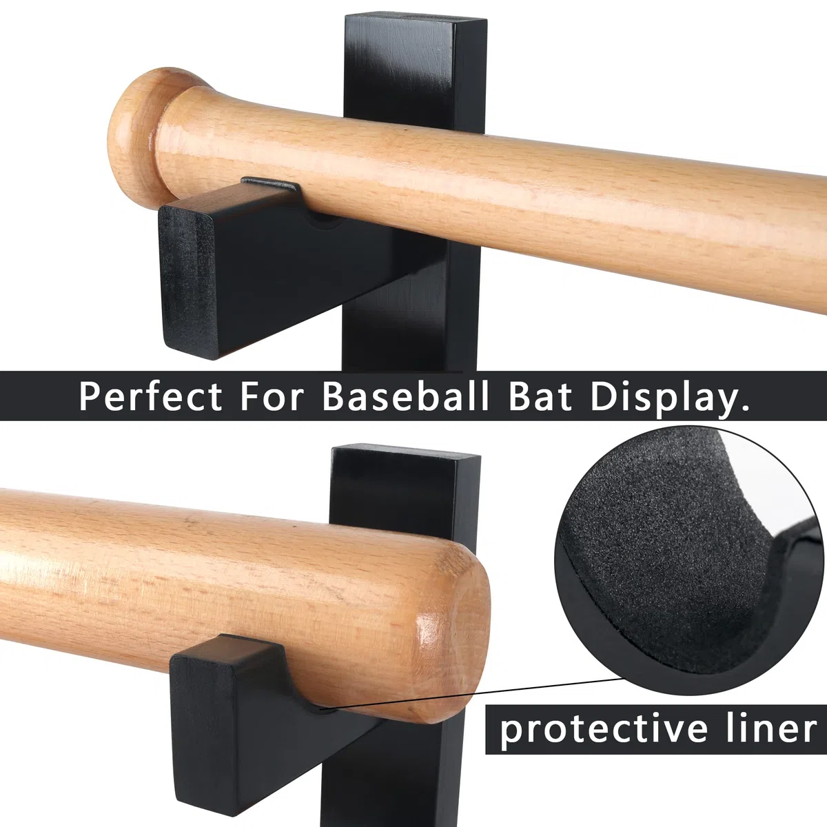 Alyoen Estante de exhibición de bates de béisbol, soporte de bate de sóftbol de 2 niveles, soporte de pared para bate de béisbol, estante horizontal para bates de béisbol con forro de fieltro para