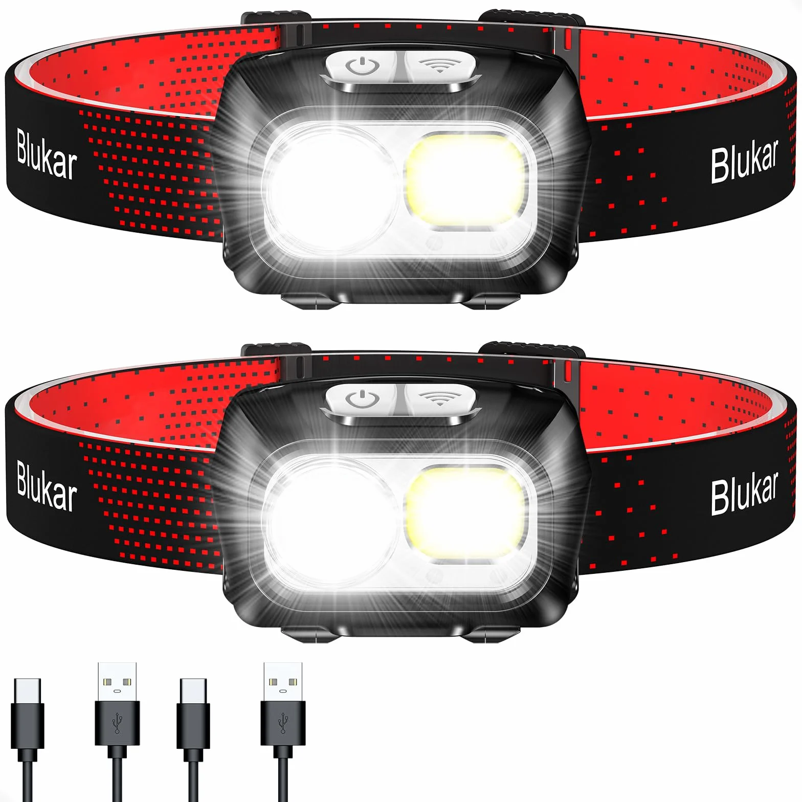 Blukar Linterna Frontal LED Recargable 2 Piezas Sensor Movimiento Ajustable 8 Modos Luz Roja Camping Correr Negro