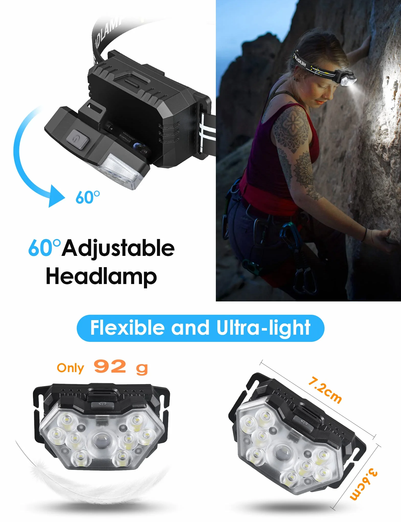 Linterna Frontal LED(2 Unidades/1 Unidad), 2000 Lúmenes Super Brillante Linterna Cabeza, 6 Modos de Iluminación, IPX5 Impermeable Luz Cabeza para Niños Adultos, Correr, Camping, Pesca
