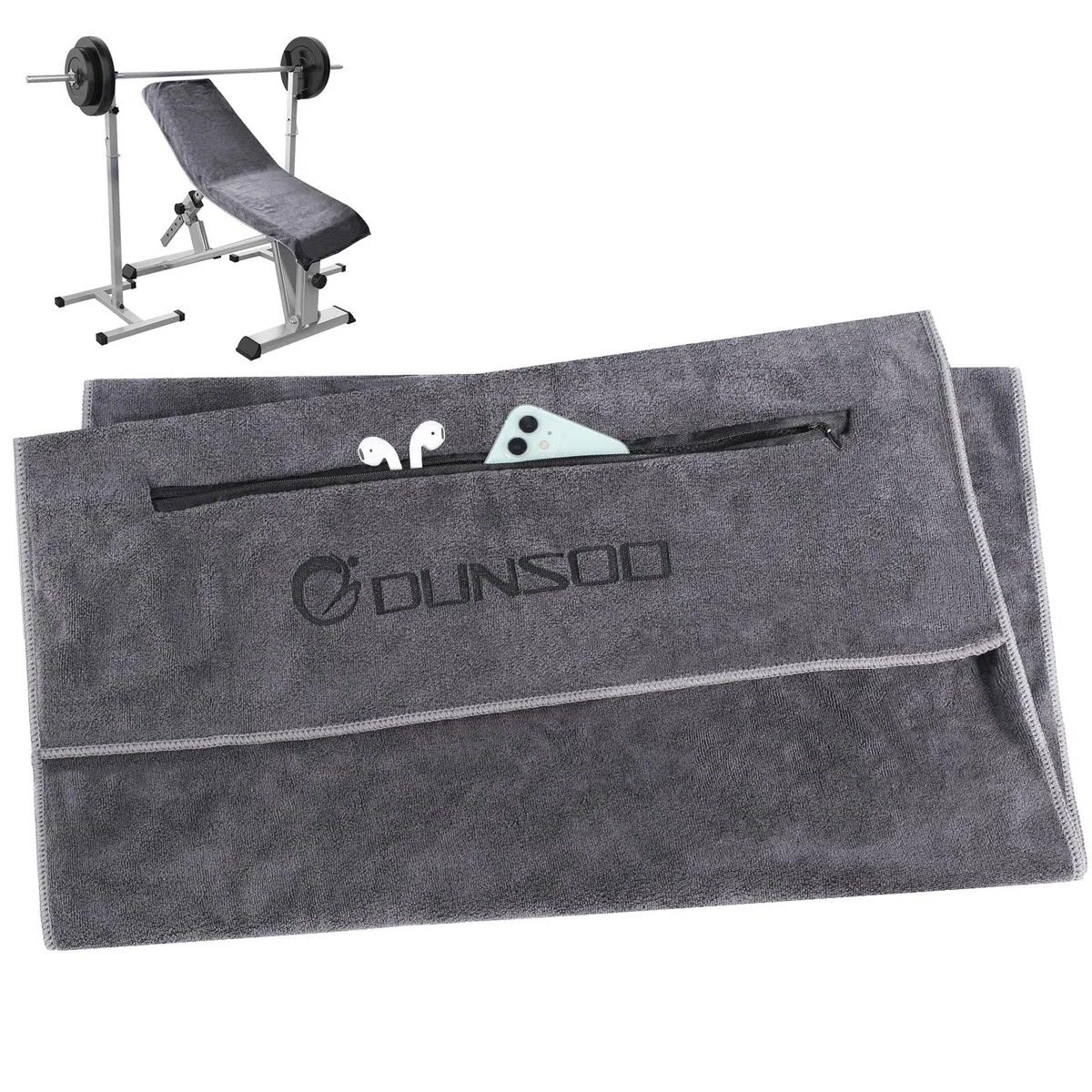 DUNSOO Toalla Gimnasio,120x50cm Toalla Deportiva De Microfibra con Bolsillo De Cremallera para Gimnasia y Entrenamiento I Toalla De Gimnasio (Gris Oscuro)