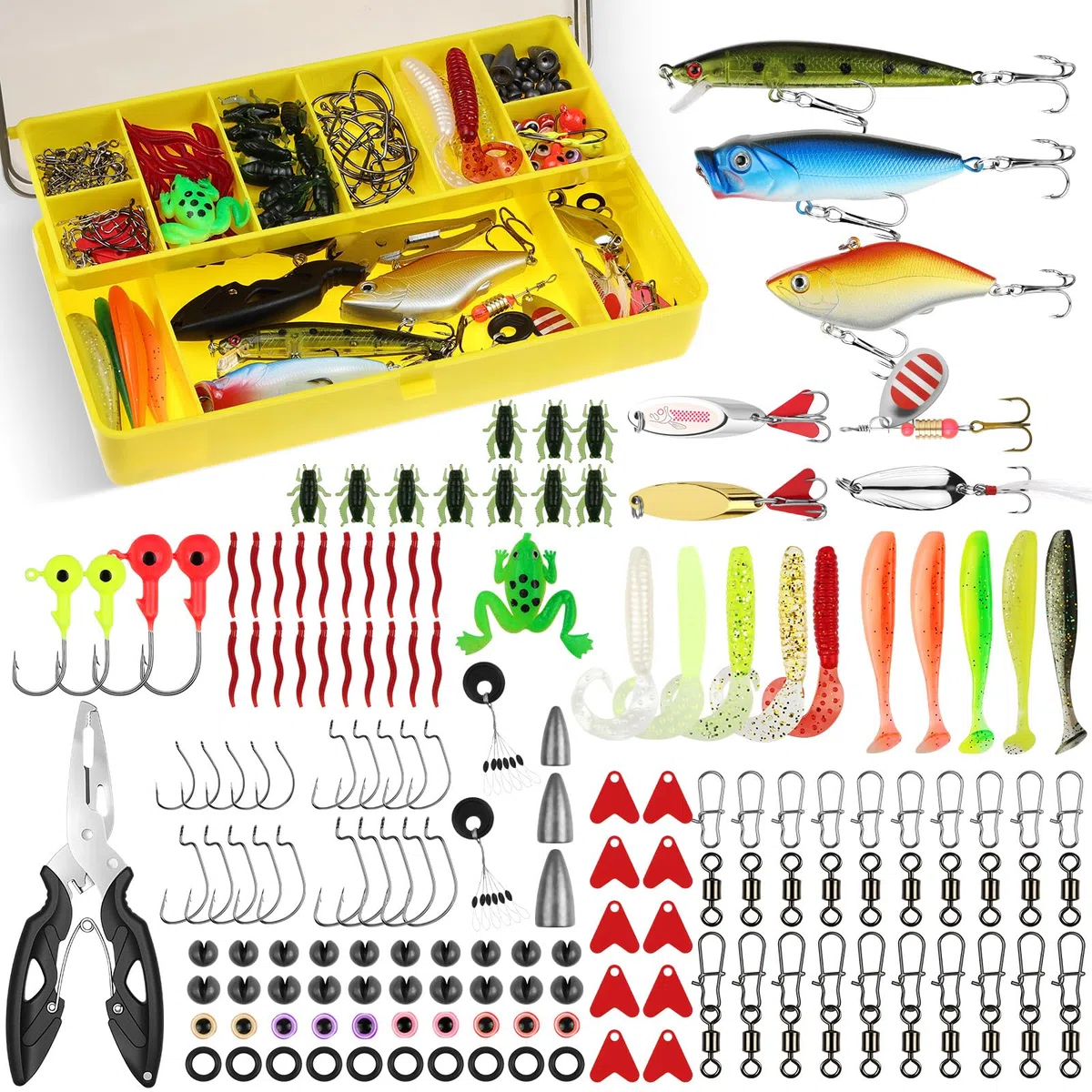 Vicloon Pesca Señuelos Accesorios Kit, Accesorios de Pesca, Set de Cebos, Incluido la Caja Tackle, Ganchos, Tijeras, Cebos, Popper, Grillos y Más