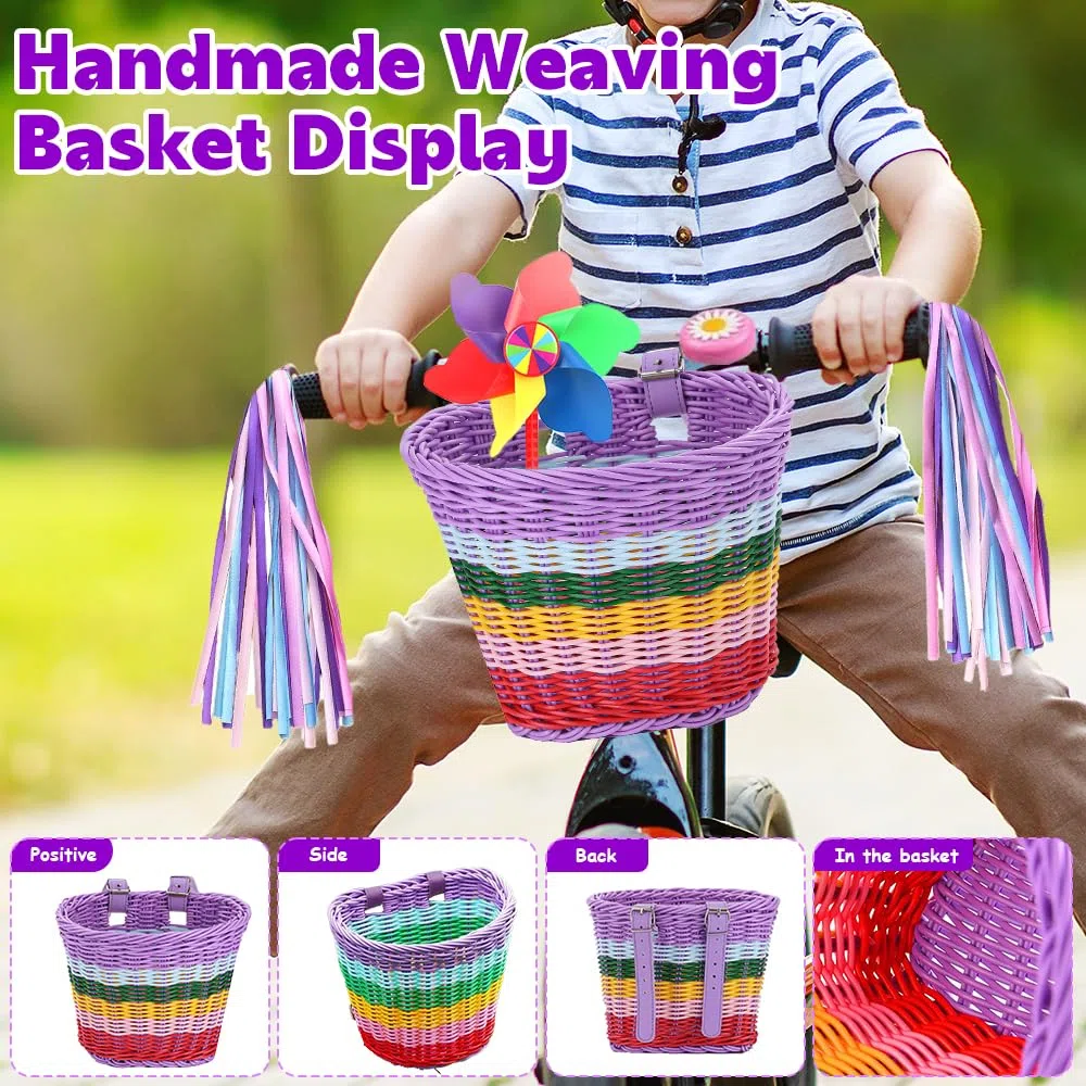 Cesta de Bicicleta para Niños, Cesta Bici Niño, Cesta Lantera Bicicleta Niños, Cesta Bicicleta Desmontable, para Manillar de Bicicleta Infantil, con Timbre, Pegatinas, Serpentinas y Molino