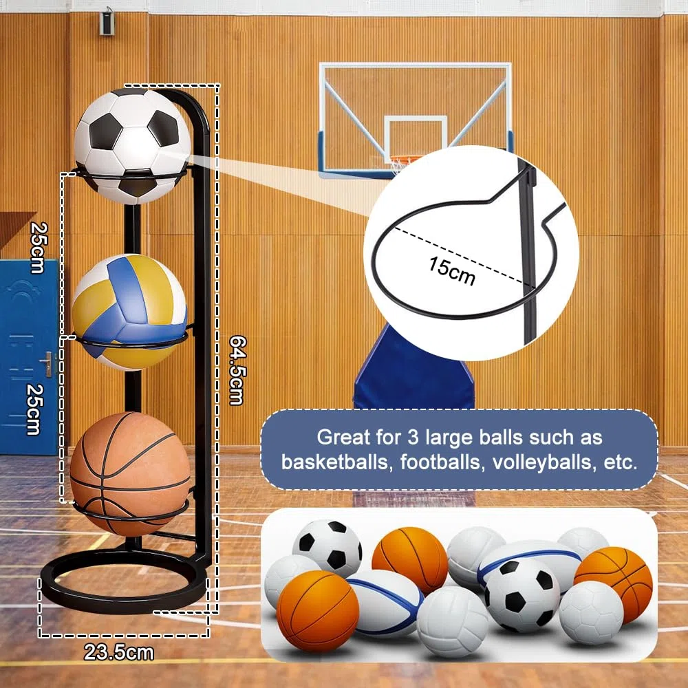 Kleemeiero Soporte para Balones de Baloncesto, Soporte Pelota Baloncesto Vertical de 3 Niveles, Estante de Bolas de Metal, Estante de Almacenamiento de Pelotas para Baloncesto, Fútbol y Voleibol