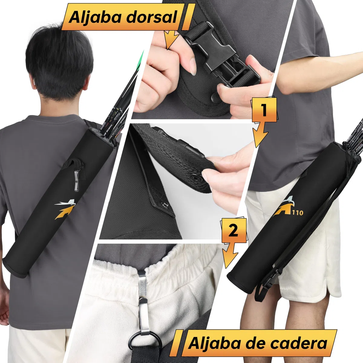 Sunya Carcaj para Flechas. Portaflechas con Correa para el Hombro, carcaj de Tiro con Arco para la Espalda o carcaj para la Cadera 2 Modos de Transporte conmutables. Ligero y Plegable