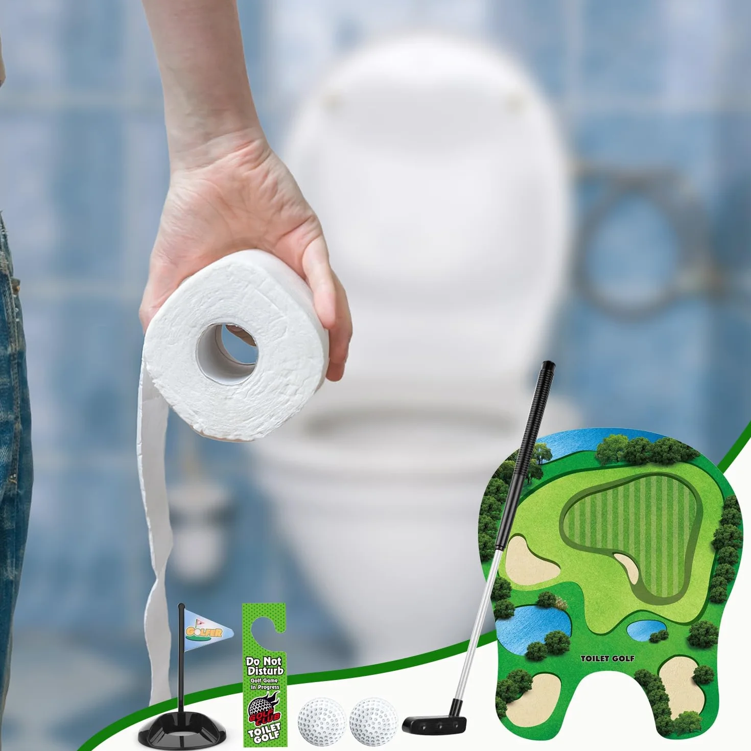 Juego de regalo de golf para inodoro, mini orinal con palo de golf escalable, alfombrilla de putting, 2 pelotas de golf y colgador de puerta, regalo divertido para baño, inodoro