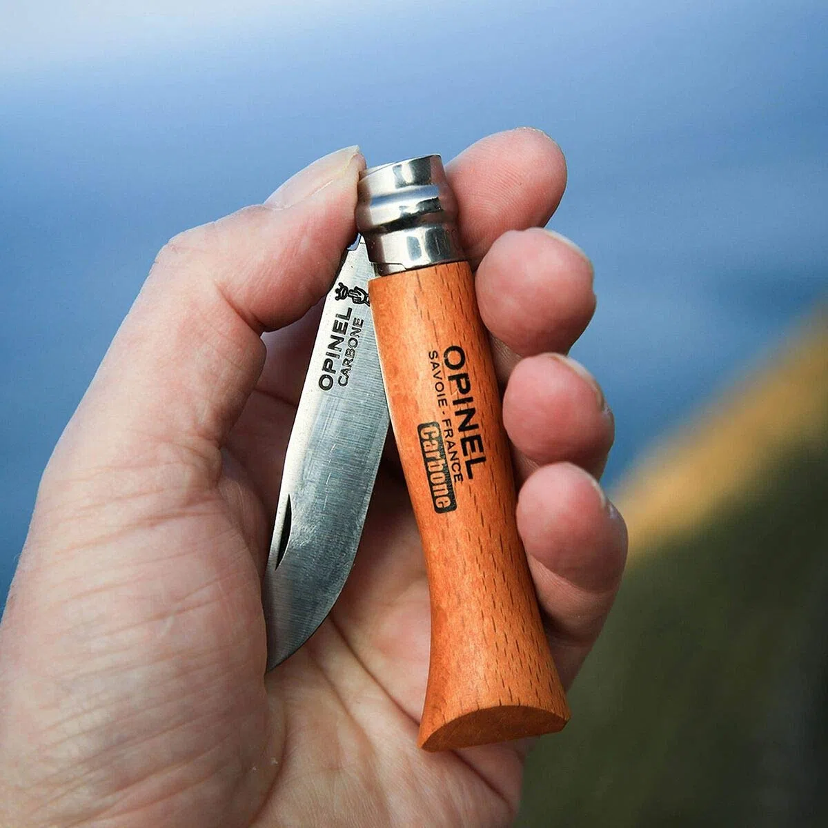 Opinel - N°08 Cuchillo de Bolsillo en Blister - Hoja de 8,5 cm de Acero Carbono XC90, Mango de Madera de Haya, Uso Diario, Anillo de Seguridad Virobloc - Fabricación Francesa