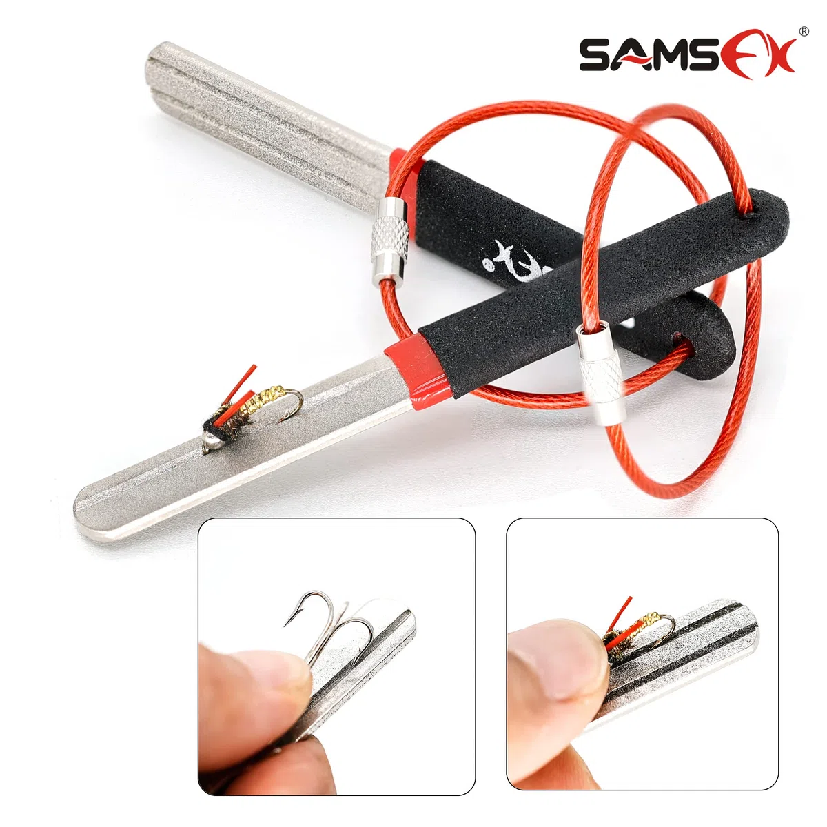 SAMSFX Afilador de anzuelos de pesca de doble grano de diamante, herramienta de molienda para pescadores, paquete de 2 unidades en paquete (mango negro y rojo)