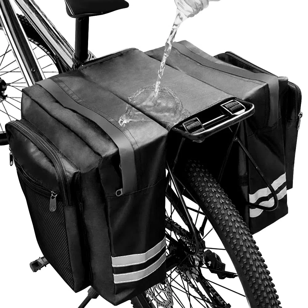 Alforjas Doble Bicicleta 30L Impermeable, Bolsa Trasera Con Tiras Reflectantes para Ciclismo, Viajes, Camping (Negro)