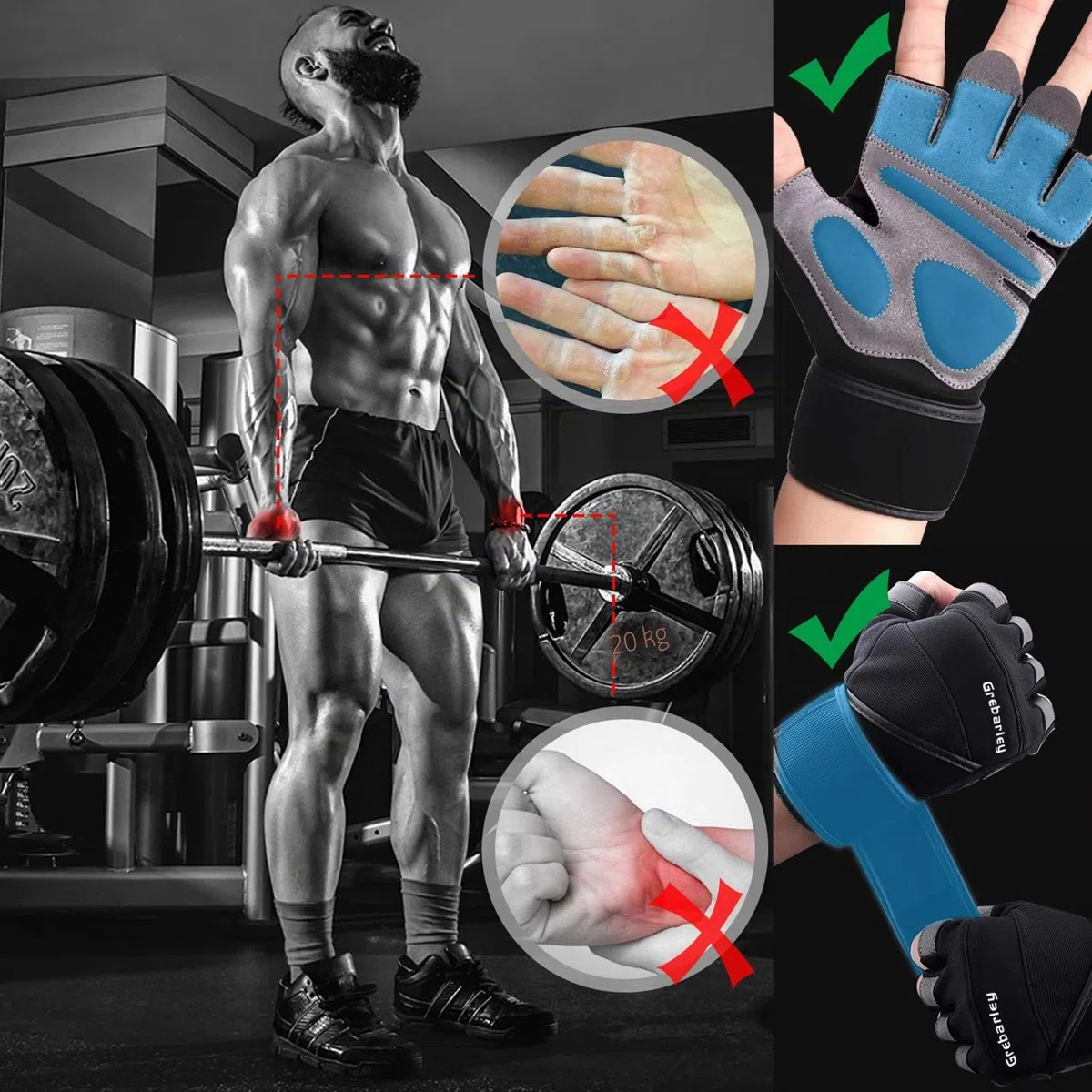 Grebarley Guantes Gimnasio,Gym Guantes Transpirable con Protección Completa de Muñeca y Palma,Entrenamiento Cruzado,Gym Guantes de Entrenamiento para Hombre y Mujer