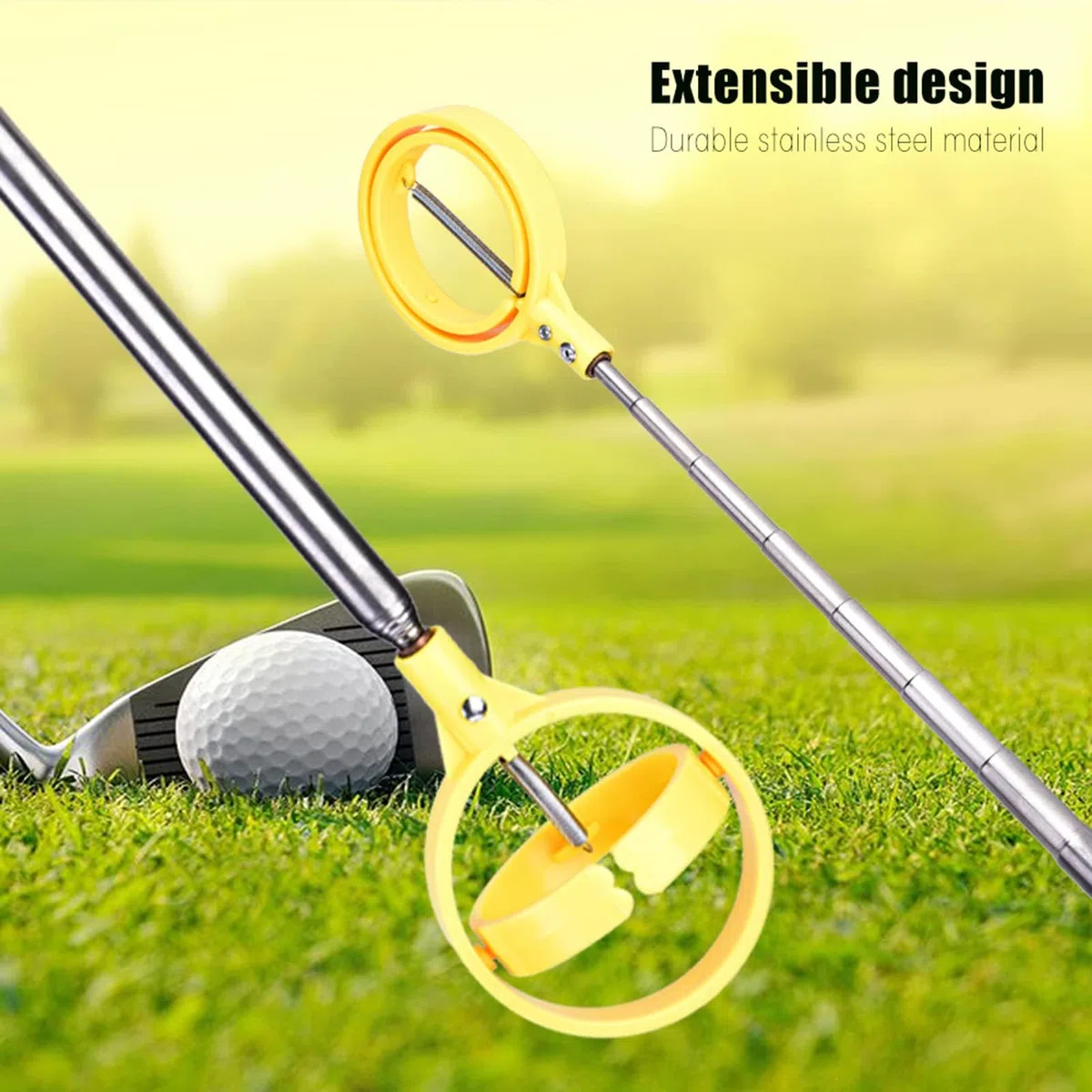 Recogebolas de Golf, Recogedor Telescópico Acero Inoxidable Amarillo para Jugadores de Golf, Entrenamiento en Campo y Practica de Precisión