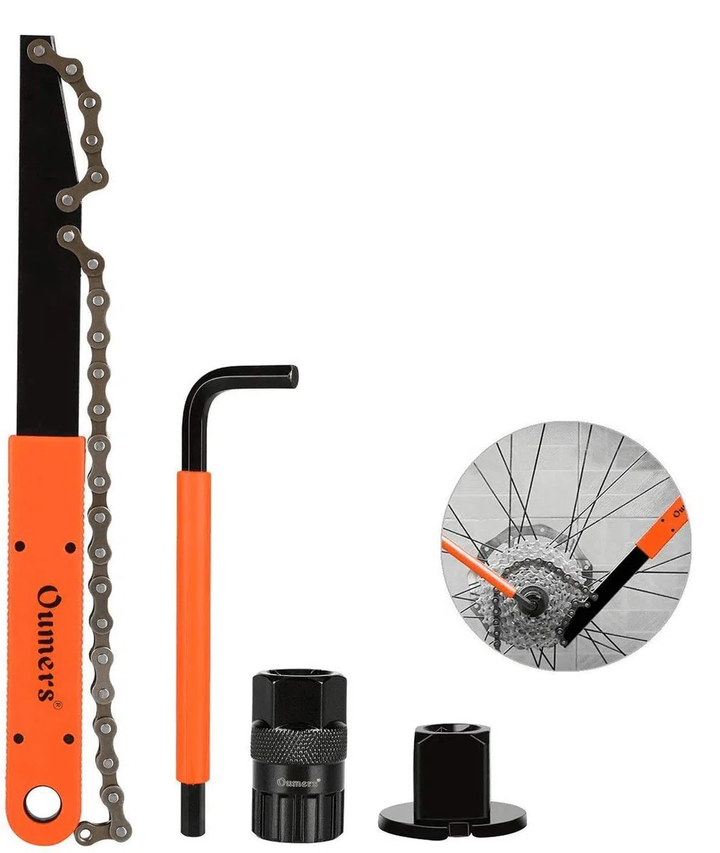Oumers Herramienta de eliminación de cassette de bicicleta con látigo de cadena llave de la bici Herramientas de extracción de piñones Anillo de bloqueo de cassette de bicicleta